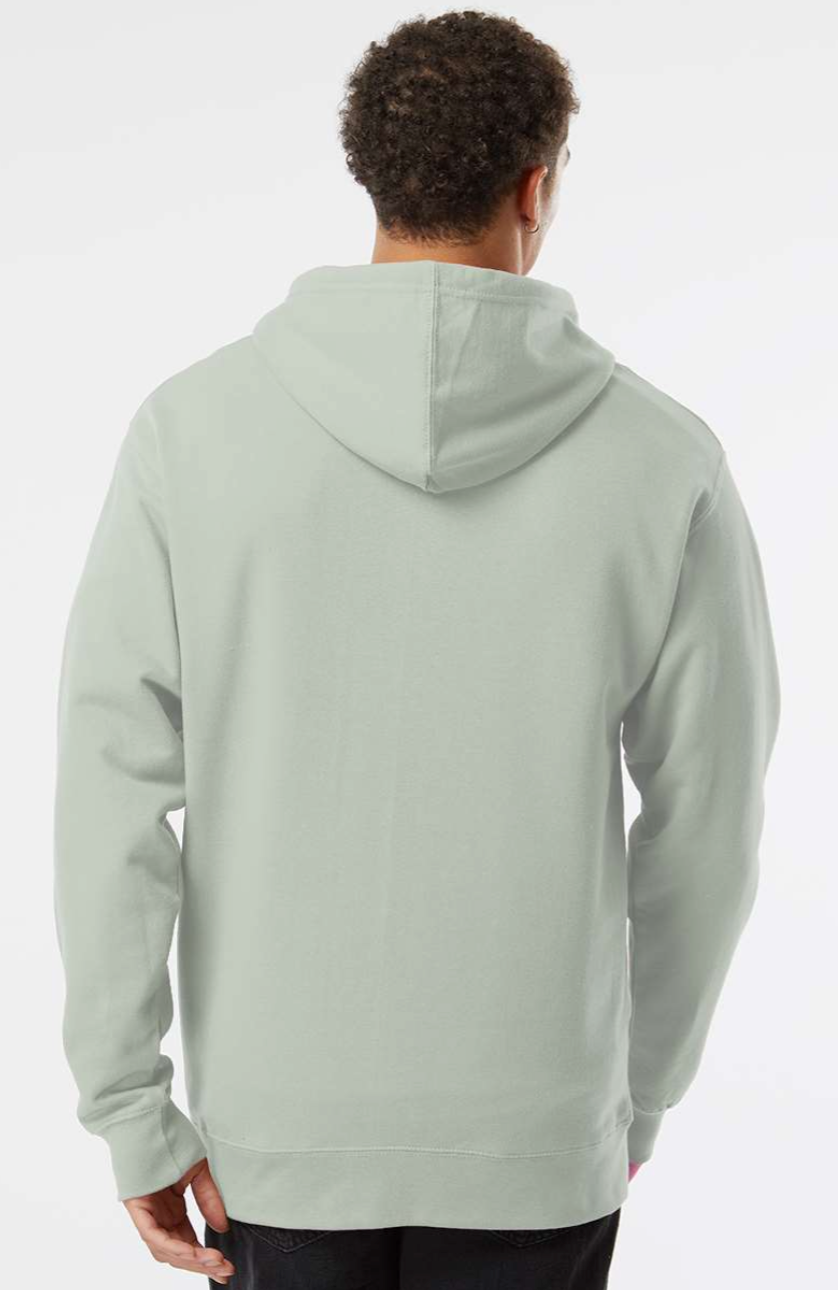 Person wearing a dusty sage green hoodie from behind on a white background