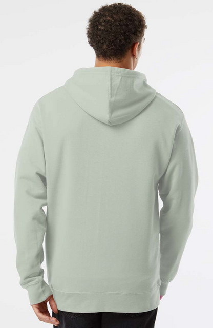 Person wearing a dusty sage green hoodie from behind on a white background