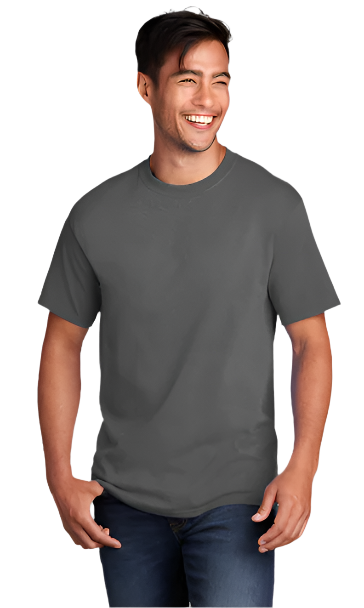 Man wearing Port & Company charcoal t-shirt